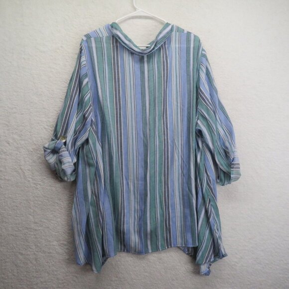 Catherines Shirt Womens Size 3X Stripe Blouse Blue Green Roll Tab Sleeves - Picture 3 of 8
